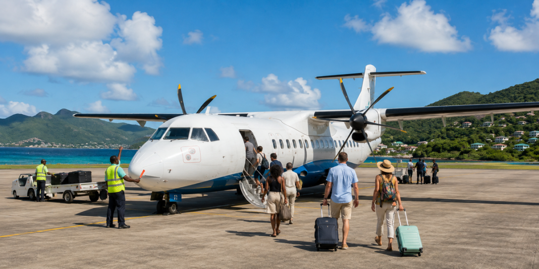 A Caribbean regional aircraft and travelers representing stronger inter-island air connectivity