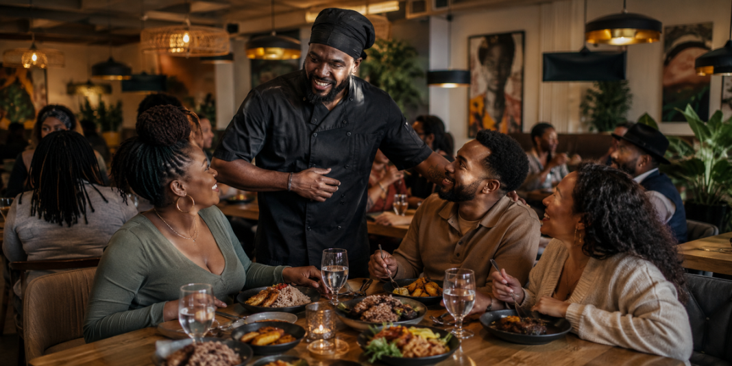 Diners enjoying Afro-Caribbean cuisine at a New Jersey restaurant